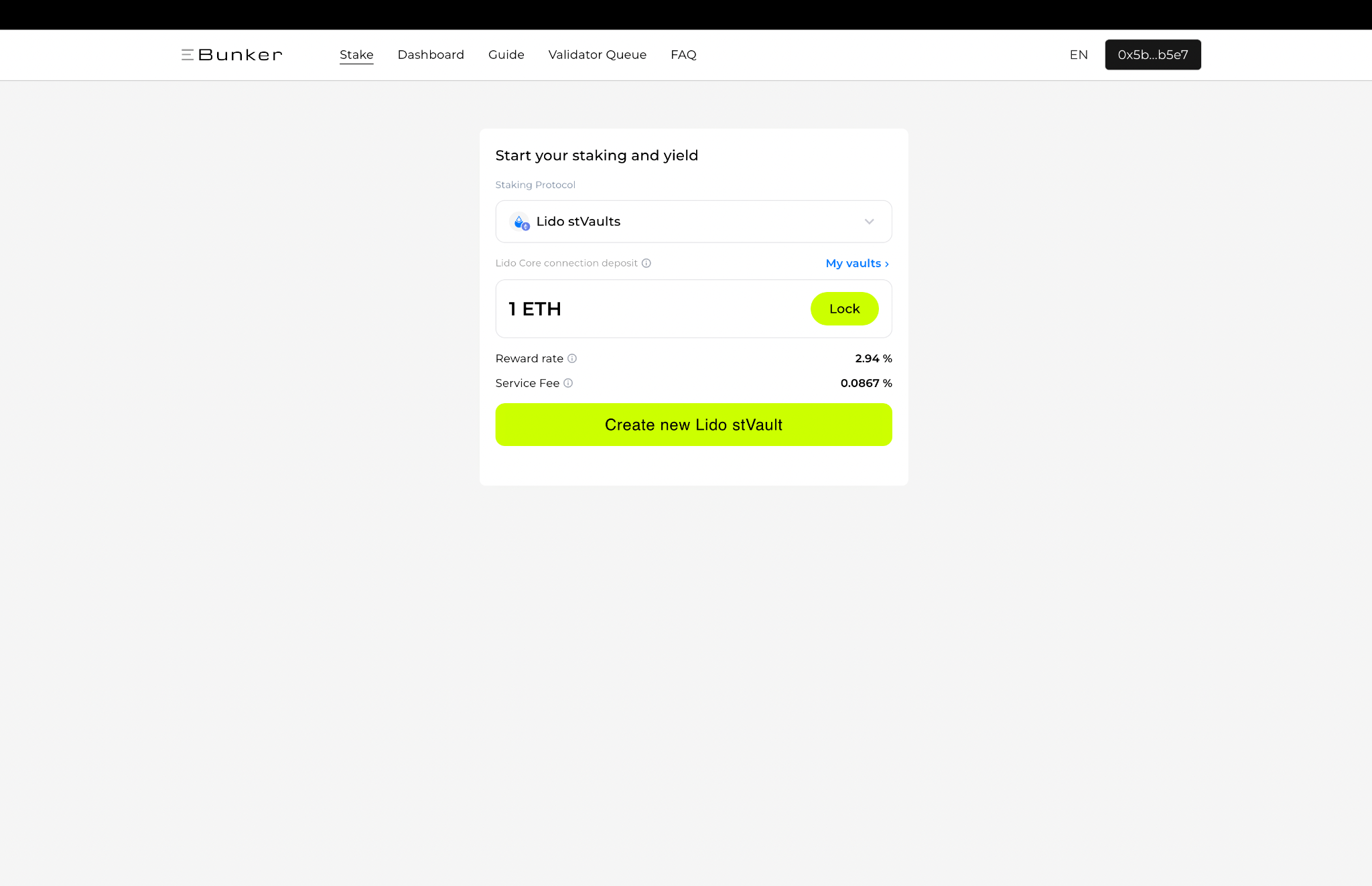 Create a new Lido stVault through the Ebunker Stake page