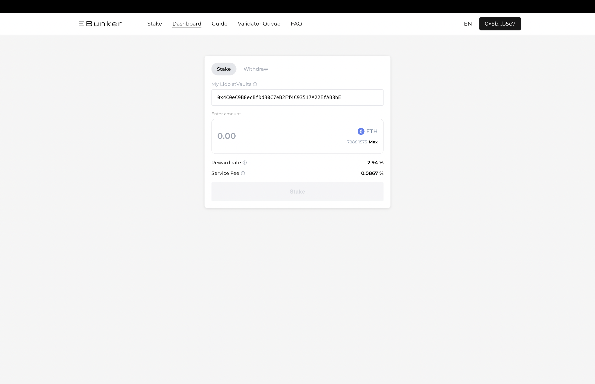 Stake ETH into a selected Lido stVault